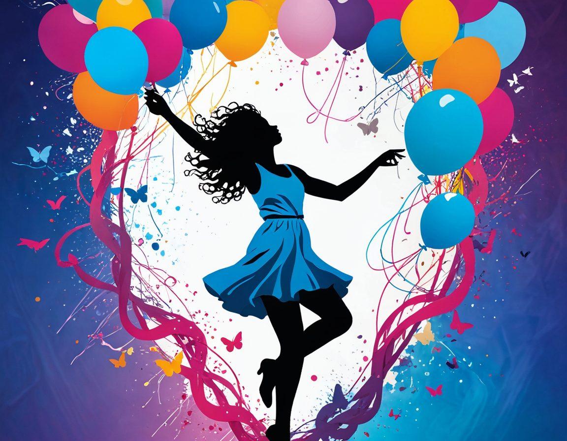 An abstract representation of a person breaking chains, symbolizing freedom and embracing uniqueness. The background features vibrant, swirling colors that evoke a sense of movement and creativity, with elements like butterflies and balloons floating upwards. The scene should convey a feeling of liberation and unconventional thinking. surreal art. vibrant colors. dynamic composition.