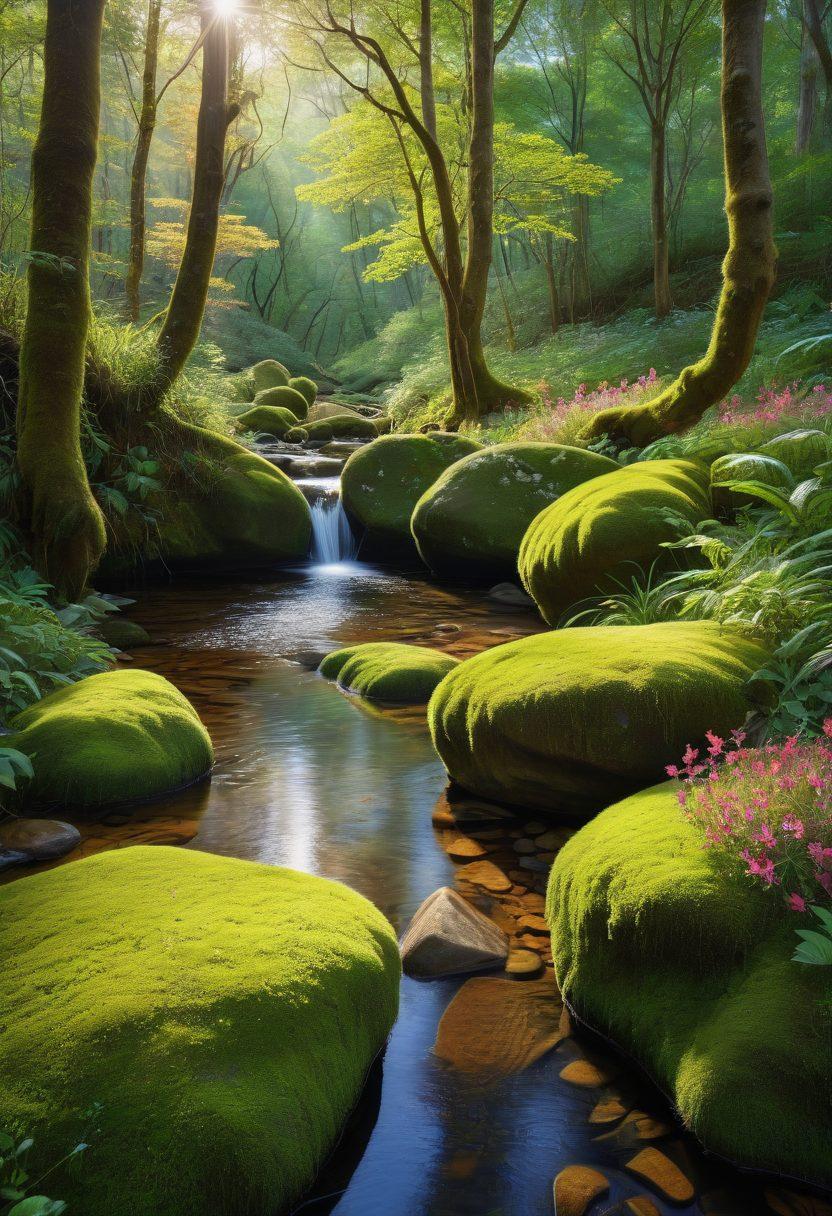 A serene nature landscape depicting a lush forest with sunlight filtering through the trees, a gentle stream flowing with clear water, and a person meditating on a moss-covered rock, surrounded by vibrant wildflowers. The scene captures the essence of harmony with nature, promoting a genuine and instinctive lifestyle. super-realistic. vibrant colors. peaceful atmosphere.