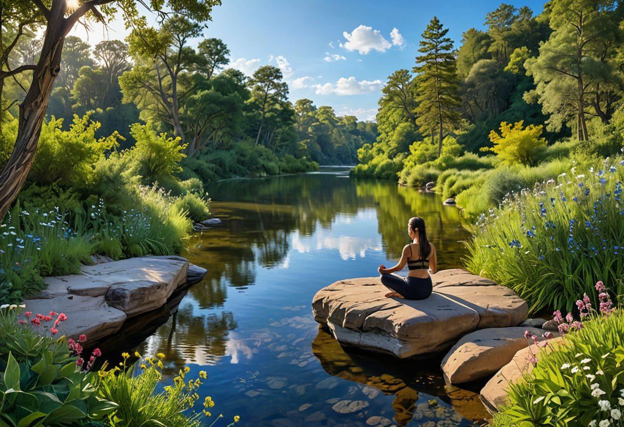 A serene landscape showcasing a winding river surrounded by lush greenery, gently flowing under a clear blue sky. In the foreground, a figure is practicing yoga on a smooth rock, embodying a sense of calm and authenticity. Elements of nature like wildflowers and birds enhance the scene, suggesting peace and freedom. The sunlight casts a warm glow, emphasizing the beauty of being true to oneself amidst constraints. super-realistic. vibrant colors. tranquil atmosphere.